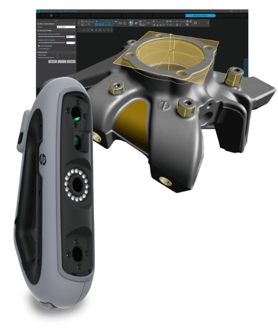 HP DesignScan 3D scanner with a rendered scan of a mechanical part displayed in software, highlighting dimensional analysis and geometric measurements