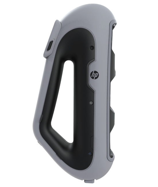 Close-up of an HP DesignScan 3D scanner, showing its ergonomic handheld built, used for professional-grade 3D scanning applications