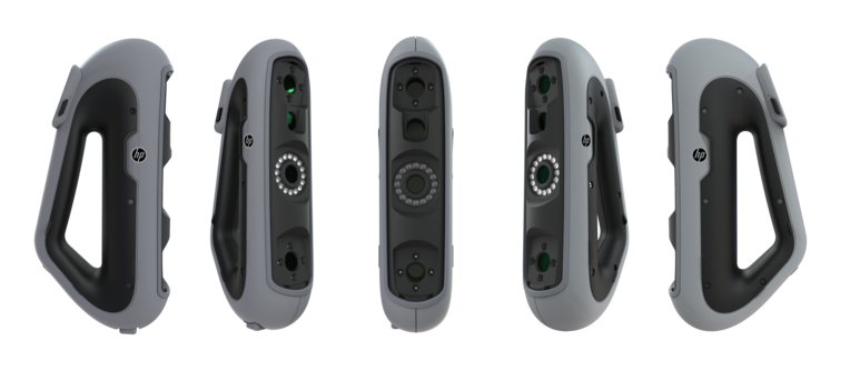 Three-quarter view and side view of the HP DesignScan 3D scanner.
