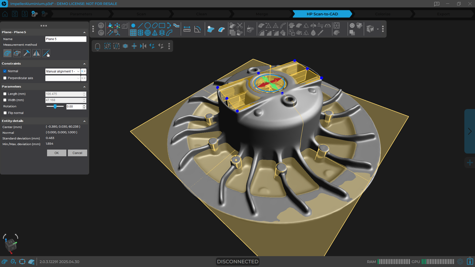 Screenshot of a CAD model being modified in HP Scan-to-CAD software module.
